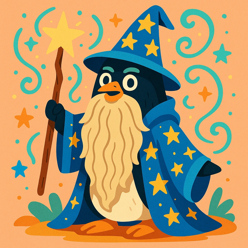 a penguin wizard with a long beard, starry cloak, and magical aura, in a whimsical fantasy style emoji