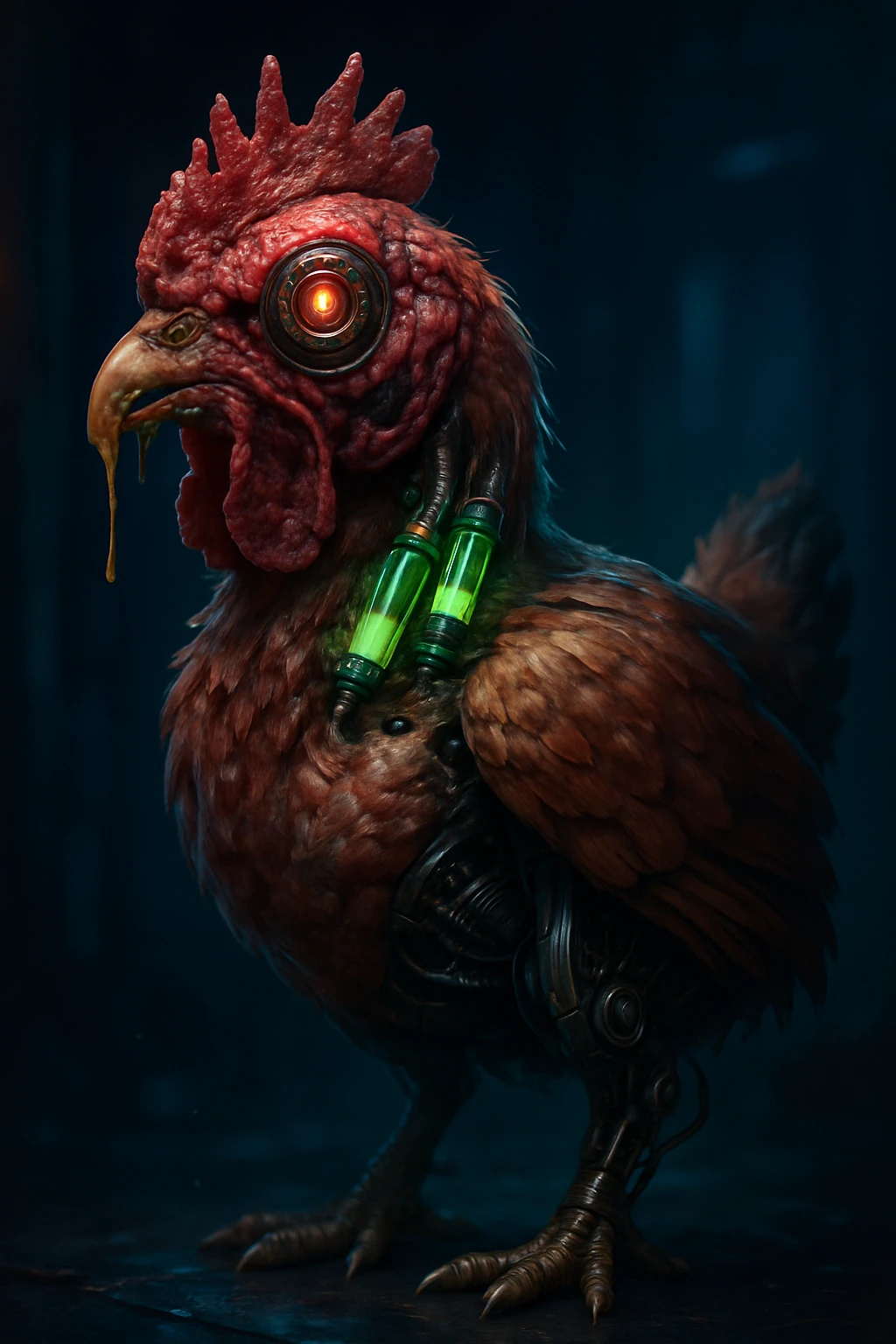 hyperrealistic mutant chicken emoji with red fleshy head and visible veins, one large cyborg eye, deformed beak oozing slime, body part feathered and part exposed mechanical parts, glowing green hormone vials in neck, dark neon sci-fi vibe emoji