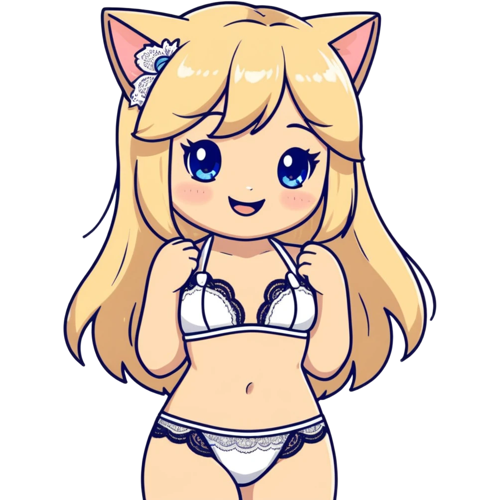 painting of flirty petite blonde blue eyes catgirl soft body long hair freckles giggling shy lace white bikini tight waist wide hips realistic portrait emoji