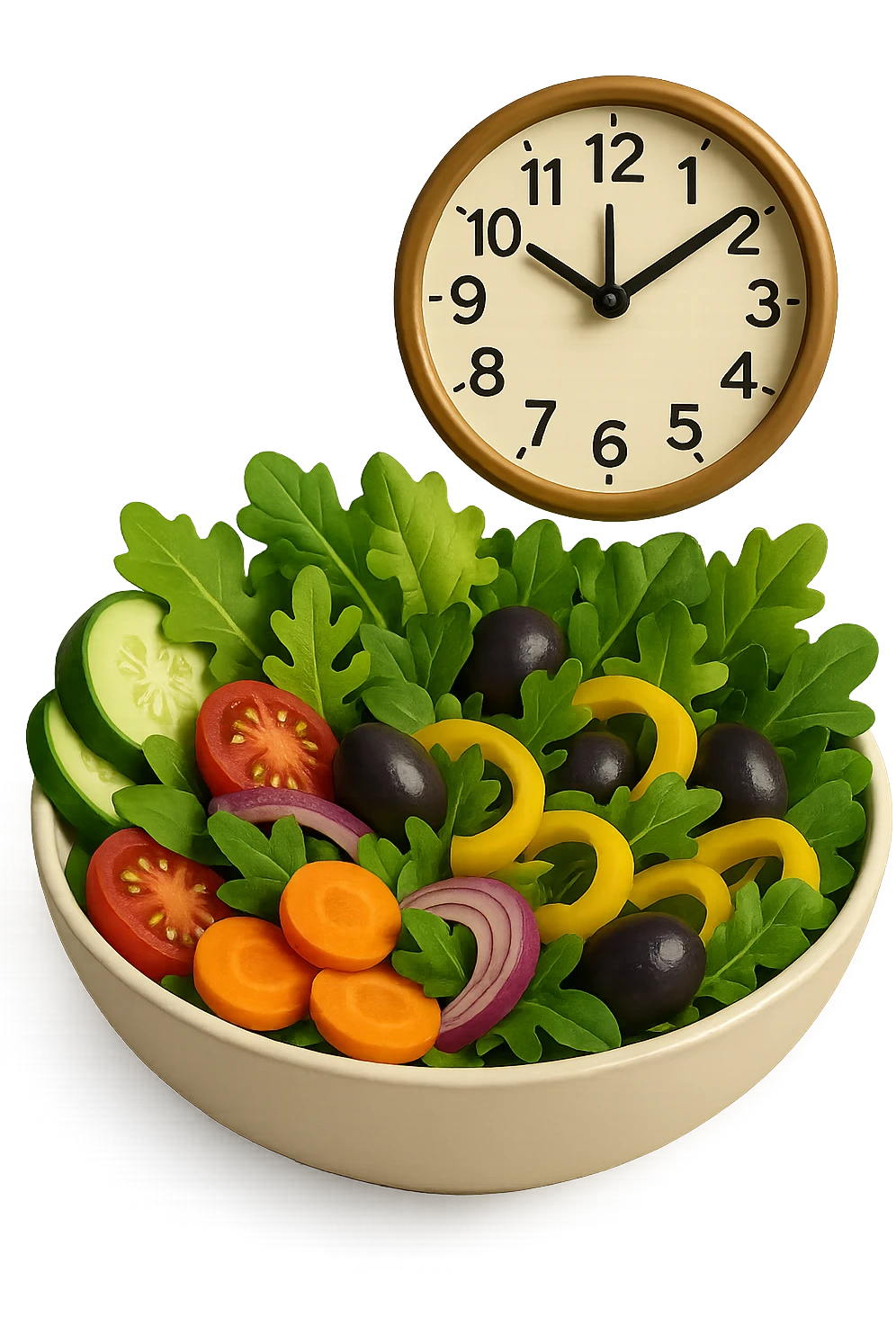 bowl con insalatona e orologio che le fluttua dietro che simboleggia una cena fatta in ritardo in 3d emoji