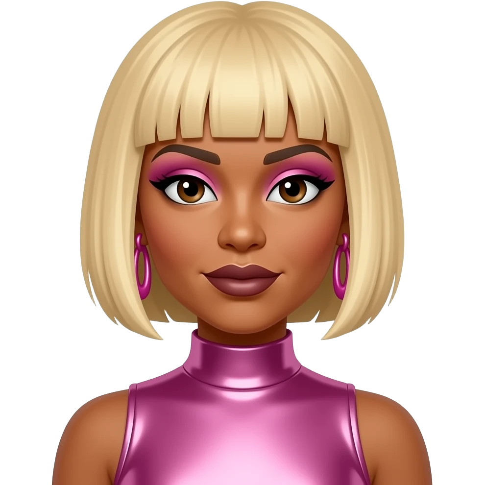 Tionne T-Boz Watkins from TLC with dark brown eyes, short blonde tapered pixie cut hair, pink eyeshadow, dark brown lipstick, pink metallic high neck dress, pink earrings emoji