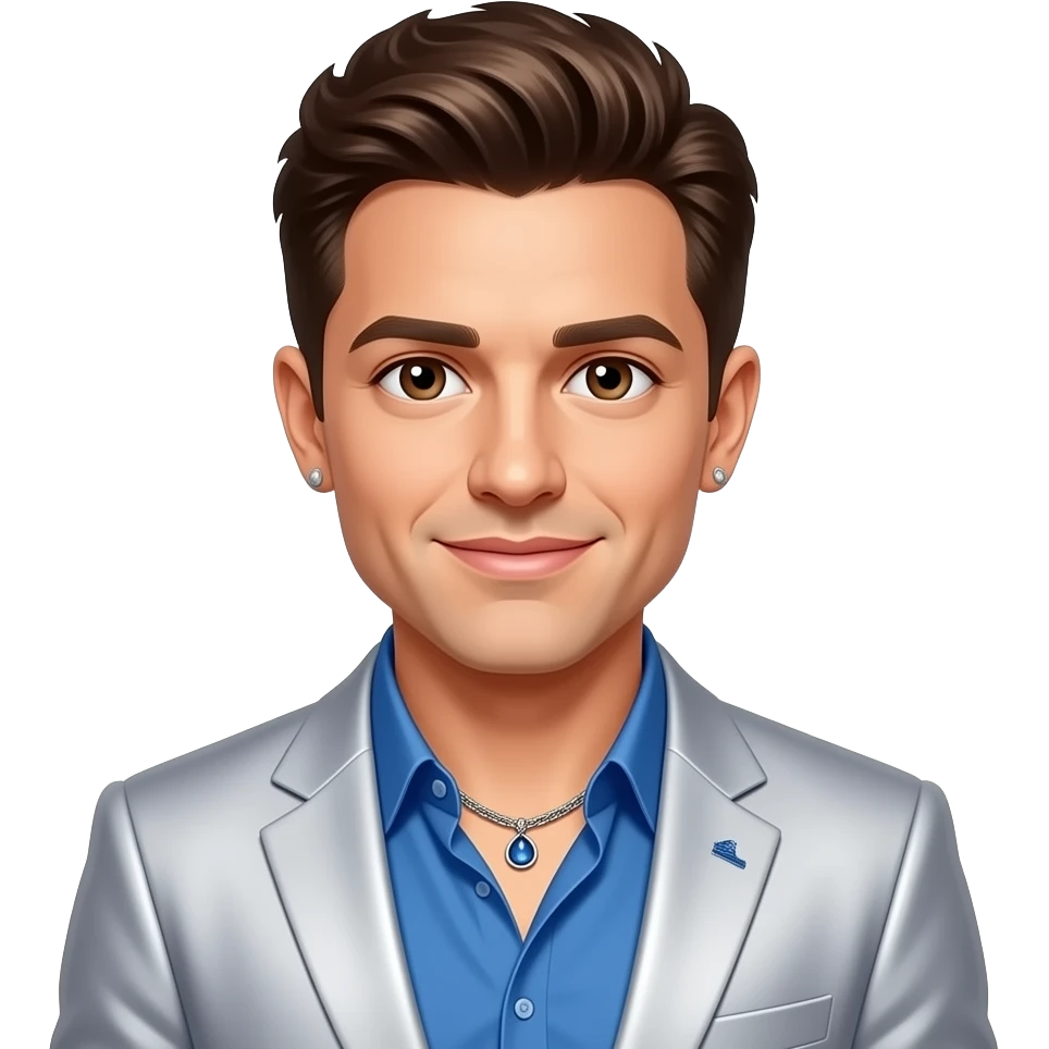 Chris Kirkpatrick from NSYNC with brown eyes, dark brown hair, grammy blue shirt and silver suit jacket, necklace and earrings emoji