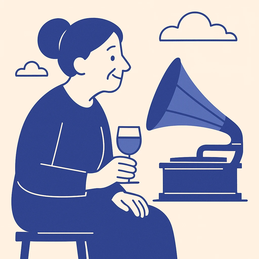 old lady with wineglass listening to gramophone emoji