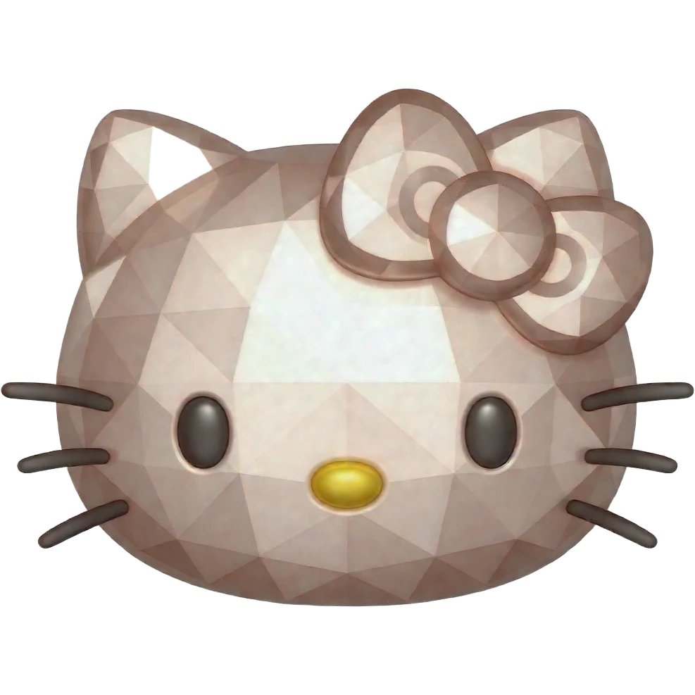 A faceted rose gold 3D Hello Kitty emoji, geometric low-poly style, metallic and reflective, white background emoji