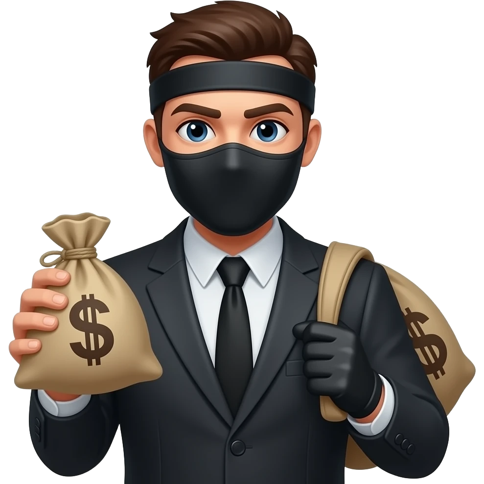Ladrón con la cara cubierta y una bolsa de dinero en la mano emoji