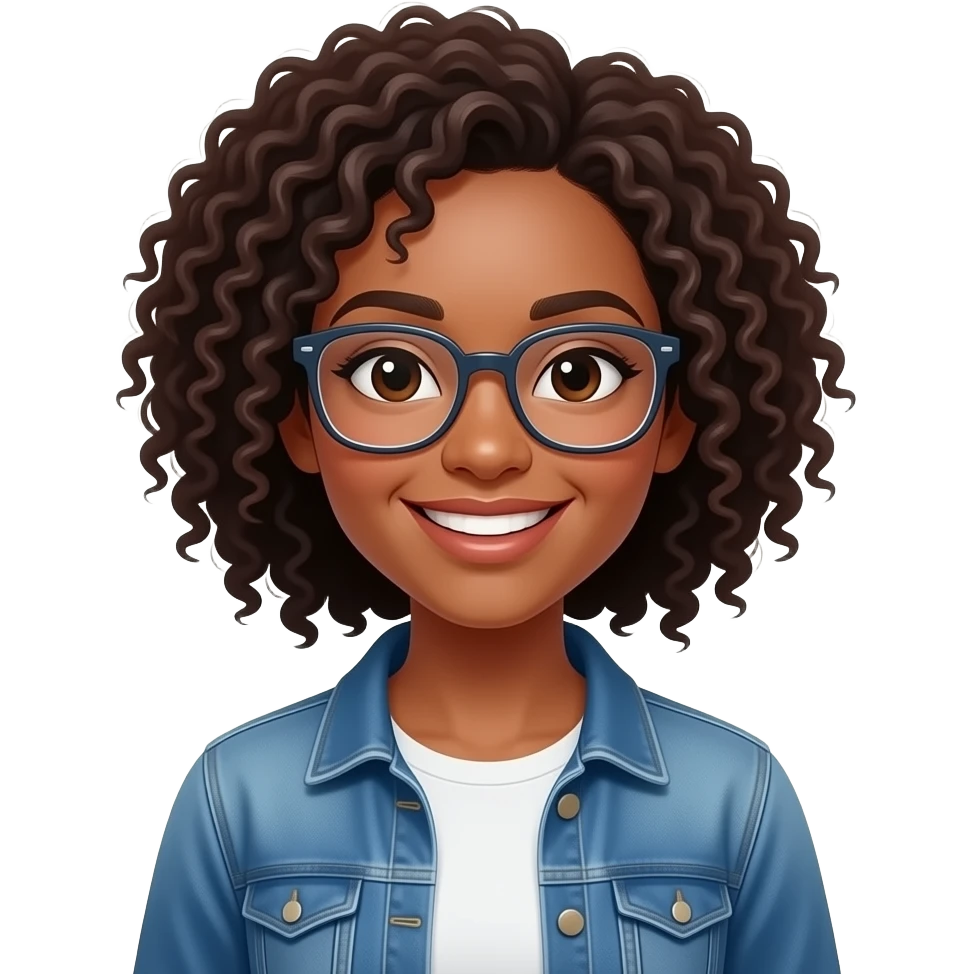 young woman, medium-dark skin tone, curly hair, glasses, casual clothes, smiling, confident emoji