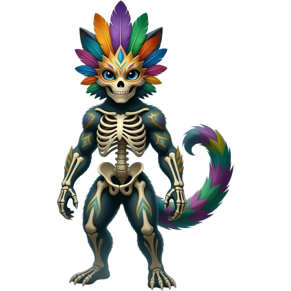 Tropical colorful feathered-masked skeletal gloomy foggy eldritch beautiful realistic edgy fantasy vernid-sergal-fursona animal creature full body with intricate markings emoji
