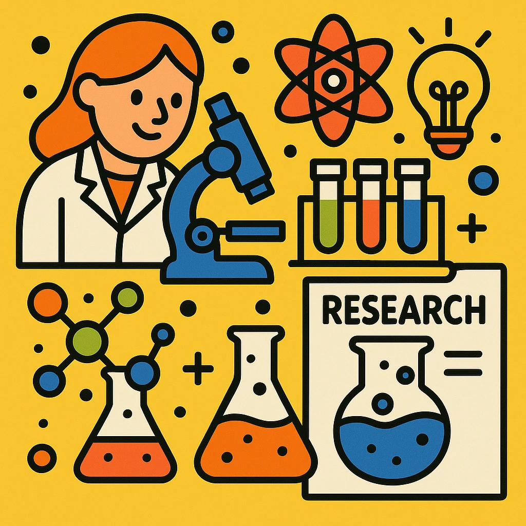 Add a microscope to the scientific research icon, keep it colorful, playful, cartoon style emoji