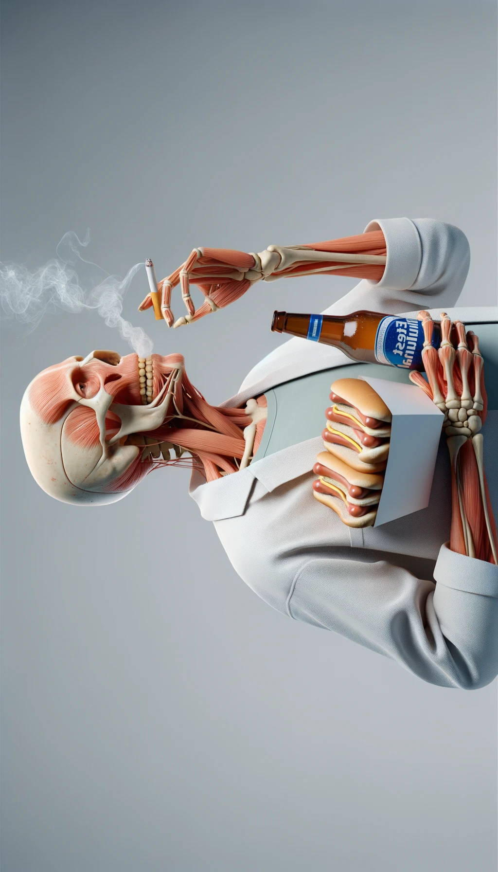 CORPO UMANO ANATOMICO TIENE UNA SIGARETTA IN BOCCA E STA FUMANDO MENTRE TIENE TRA LE BRACCIA UNA BIRRA E WURSTEL CONFEZIONATI, LI GUARDA CON ESPRESSIONE INDECISA IN VOLTO, NEUTRAL CLEAR BACKGROUND, iperrealistico 4k emoji