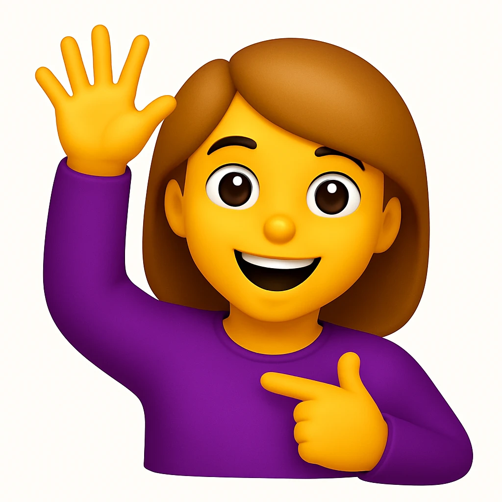 A 3D emoji in iOS emoji aesthetic style of a cheerful cartoon person raising one hand in the air while pointing to themselves with the other hand, smiling proudly, expressive and confident pose, glossy Apple-style design, clean white background
 emoji