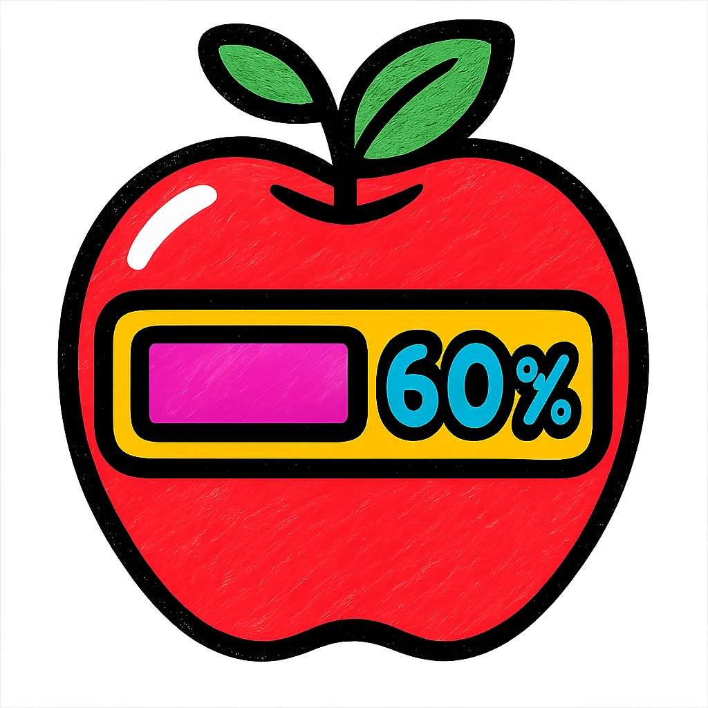 a glossy red apple with a green leaf on top, featuring a digital-style progress bar across its surface, partially filled to 60%, pure white background emoji