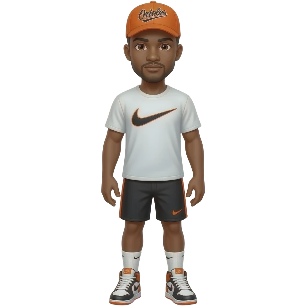 make me a brown skin colored man with brown low taper fade no beard with a white baseball white and the hat says orioles in orange with nike shirt nike sjorts, nike socks, jordan 4’s emoji