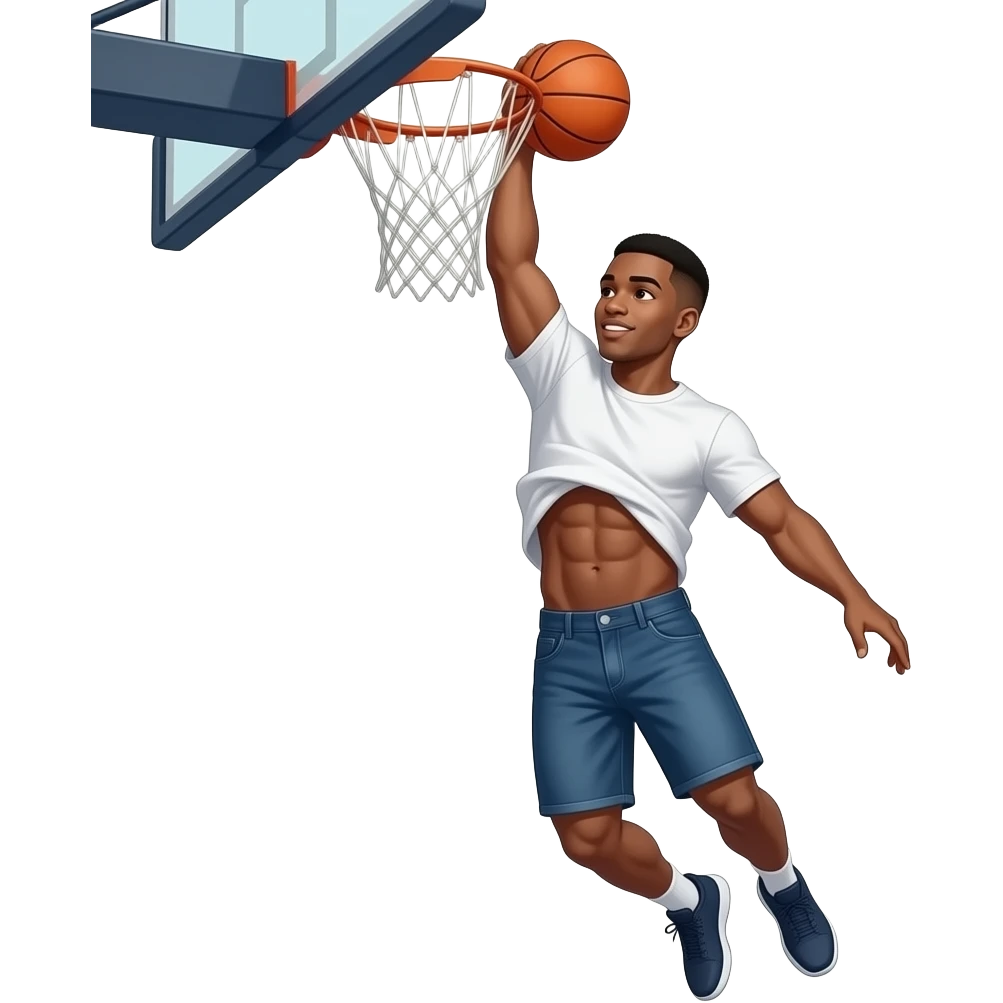 make a 20 year old man black skinned low taper fade in a white t shirt and he is going up for a dunk and you can see so many abs on him while his shirt is getting lifted by the air and his muscles are so big emoji