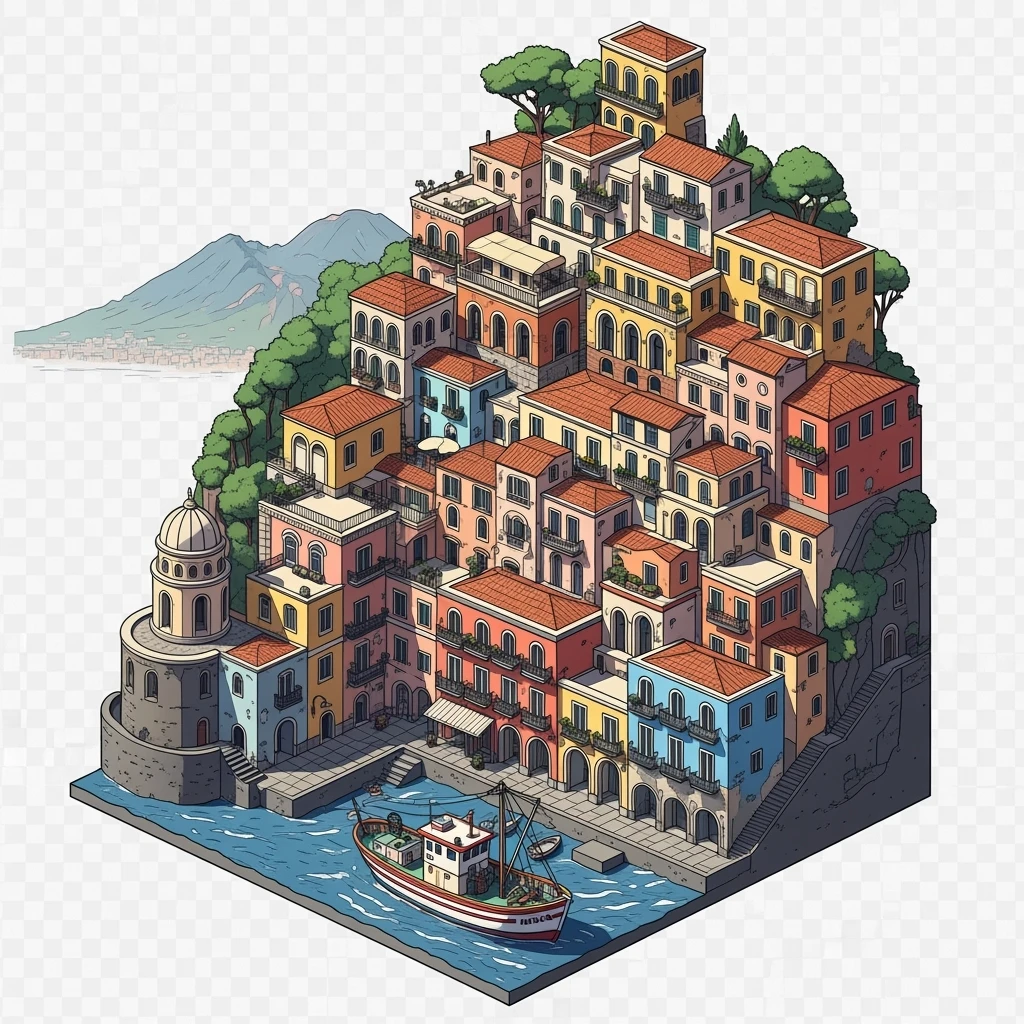 Isometric illustration of Naples, featuring colorful stacked coastal houses, highly detailed in semi-realistic style with sharp outlines, balanced between stylized and realistic, 3D miniature effect, transparent background. emoji