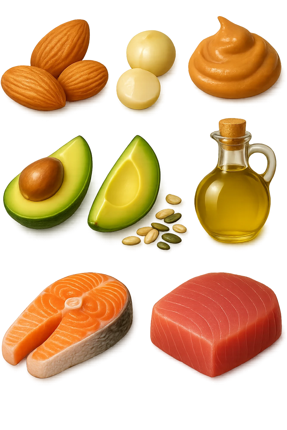 EMOJI STILE IPHONE DI
Frutta secca (mandorle, noci macadamia)
Burro di frutta secca (es. burro di arachidi)
Avocado (in piccole porzioni)
Semi
Olio extravergine d’oliva
Pesce grasso (salmone, tonno)
, fluttuano in aria REALISTICA 4K emoji