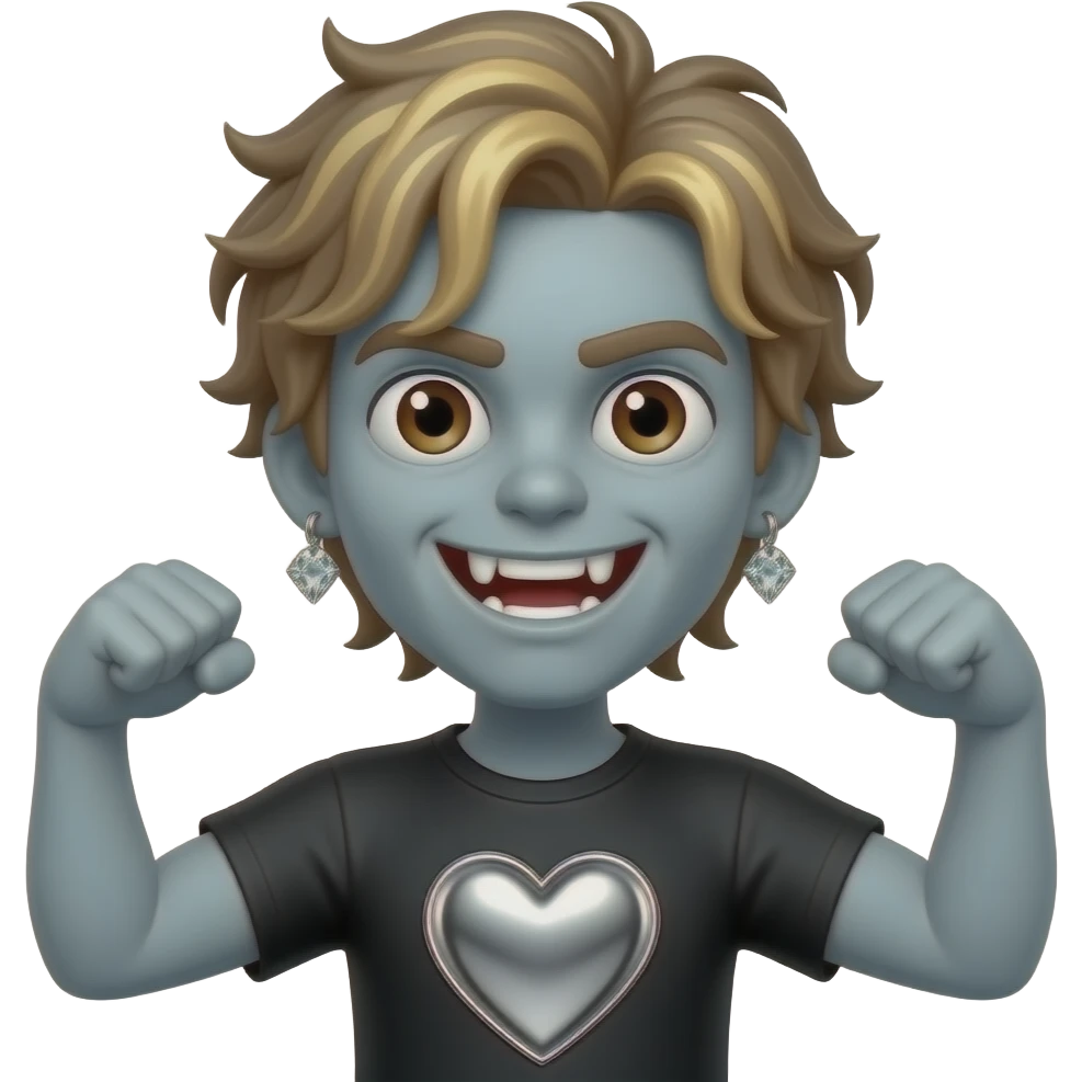 zombie emoji profile picture flexing teeth with diamond earrings and messy wavy hair with blonde highlights, grey skin color and dark brown eyes wearing a black chrome hearts shirt emoji