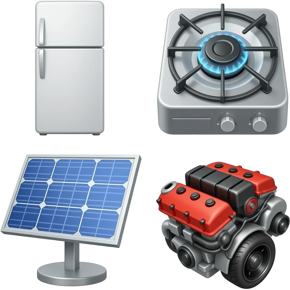 Collage of fridge, Gas burner, Solar panel, car engine emoji