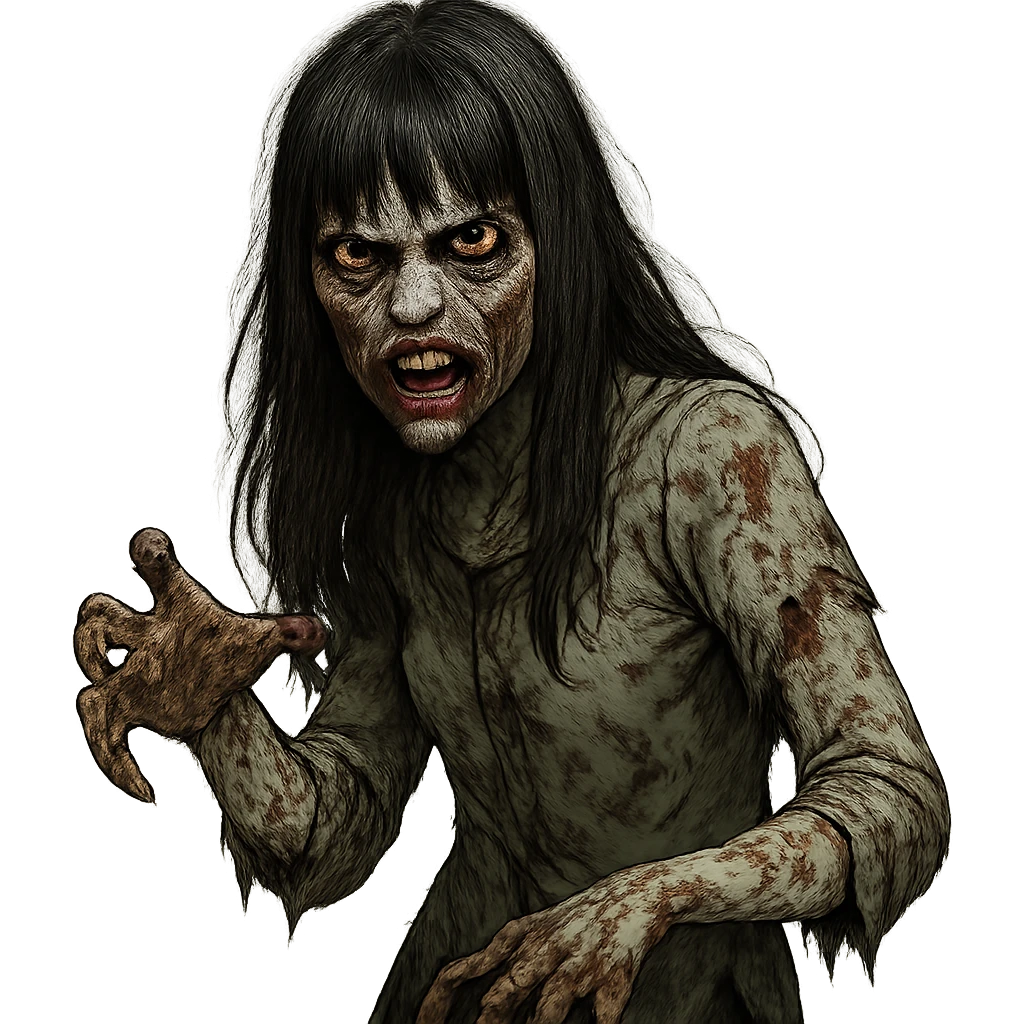 zombie girl, medium long black hair, bangs, scary face, threatening expression emoji