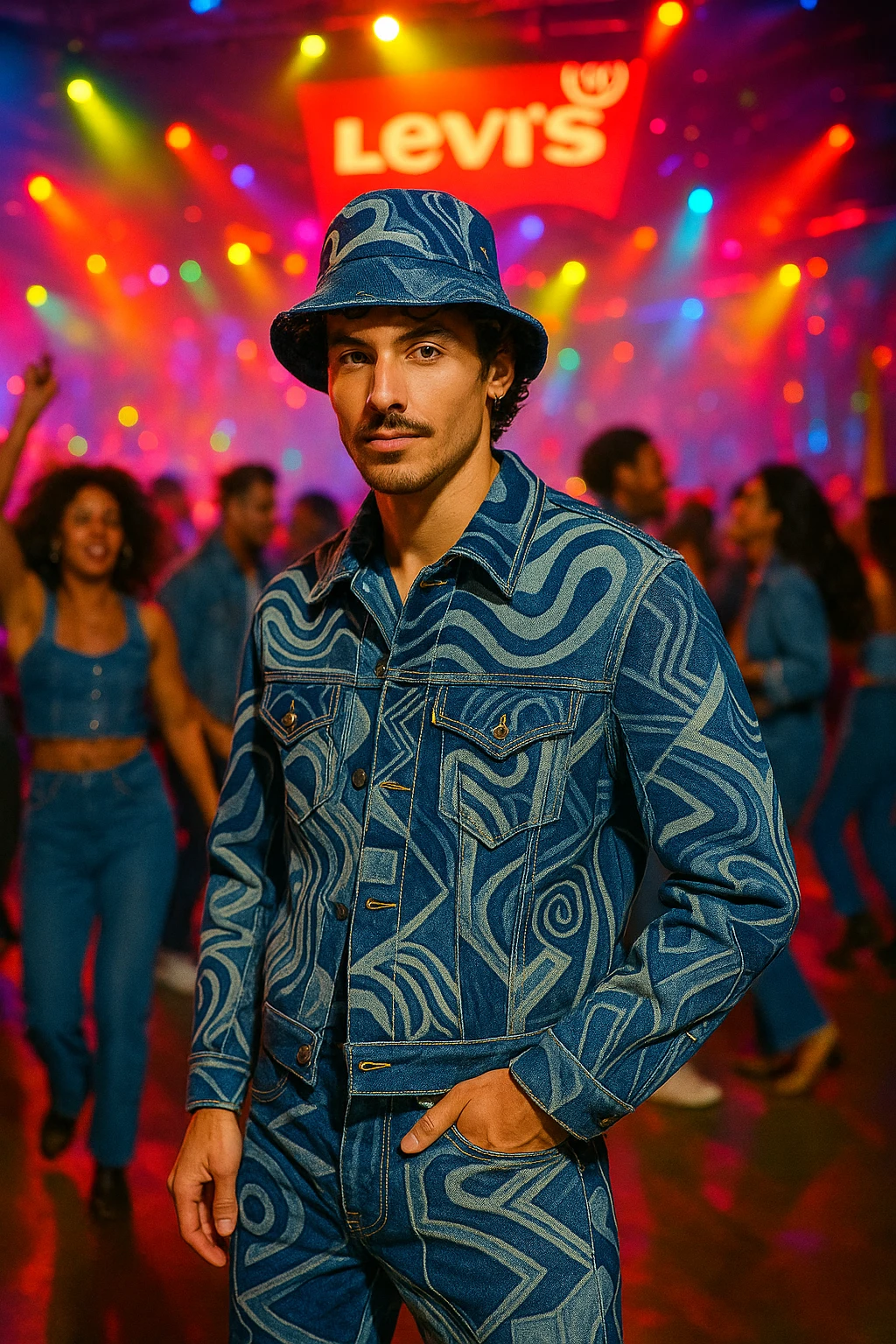 A trendy man dressed in hypnotic, attention-grabbing clothes at a Levi's celebration, with creative denim fashion and energetic party vibe. emoji