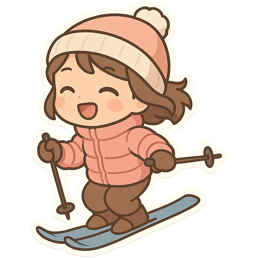 一个正在滑雪的小女孩，穿着粉色的羽绒服，戴着一顶可爱的小帽子，开心的滑雪 emoji