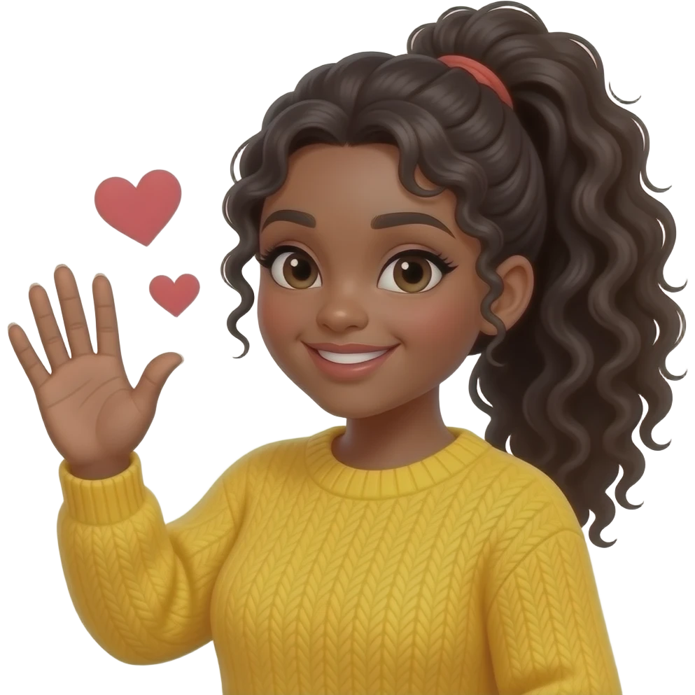 A curvy black pale light skinned woman with long curly hair in a high ponytail, wearing a yellow sweater, waving at the camera, with hearts in the background emoji