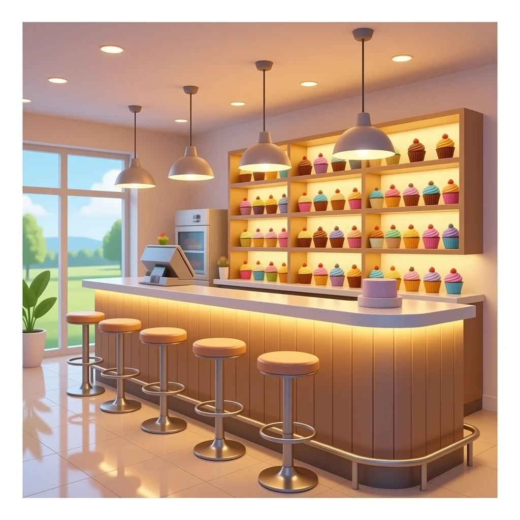 cupcake café bar interior in a Barbie-inspired soft style, featuring a sleek counter, glowing shelves filled with colorful cupcakes, tall stools, and hanging lights, all bathed in warm ambient lighting with soft realistic reflections emoji