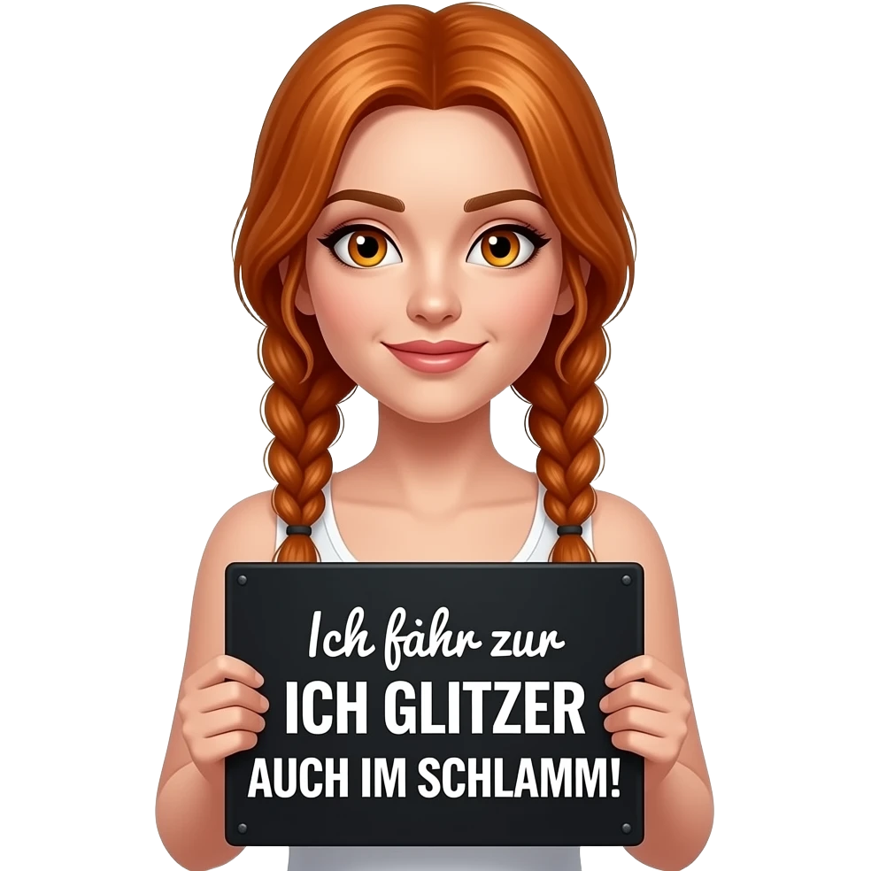 sexy girl with long ginger braids and ginger eyes wearing a white tanktop is holding a black sign with Ich fahr zur ICH GLITZER AUCH IM SCHLAMM! written on it emoji