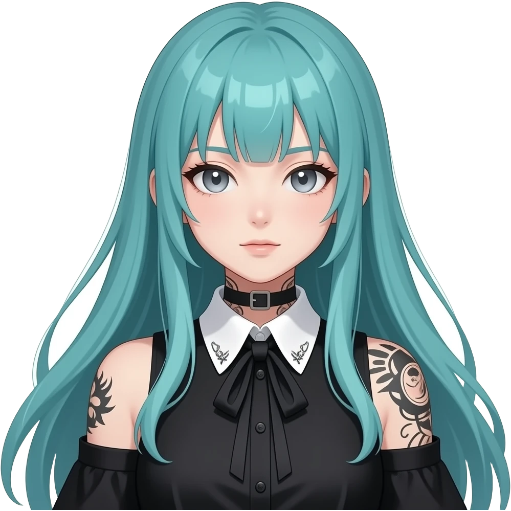anime girl, cool face, tattoos, long flowing teal hair, grey eyes, black shoulder cyberpunk blouse with fancy white collar emoji