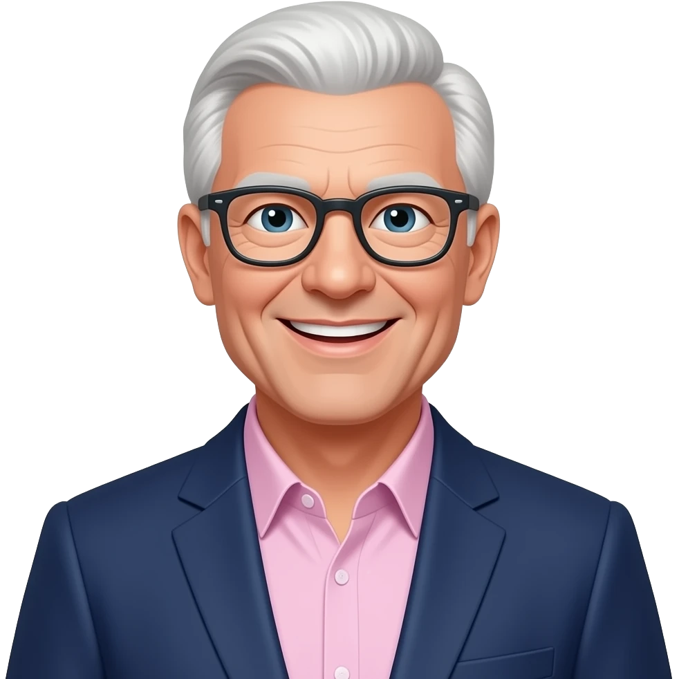 an eldery white men with glasses and a pink shirt and a dark blue suit he should look happy emoji