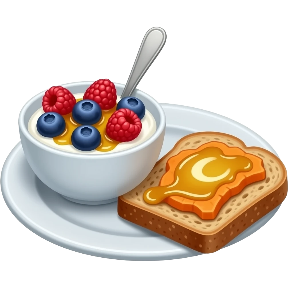 Plate with greek yogurt bowl topped with blueberries raspberries and maple syrup and sourdough slice topped with olive oil and sweet potato emoji