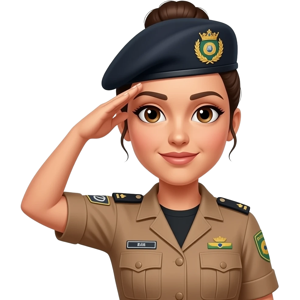 Sargento Gianne Policial militar da bahia feminina morena com cabelo amarrado no coque boina preta e farda marrom e camisa preta por dentro da farda sem enfeites na farda prestando continência emoji