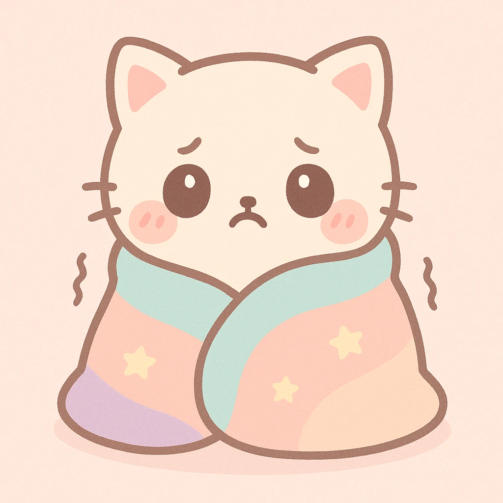 kawaii style kitten shivering with cold, wrapped in a blanket, light background emoji