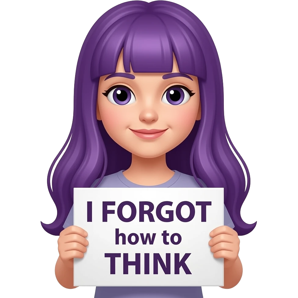 girl with long purple hair holding a I FORGOT how to THINK sign emoji