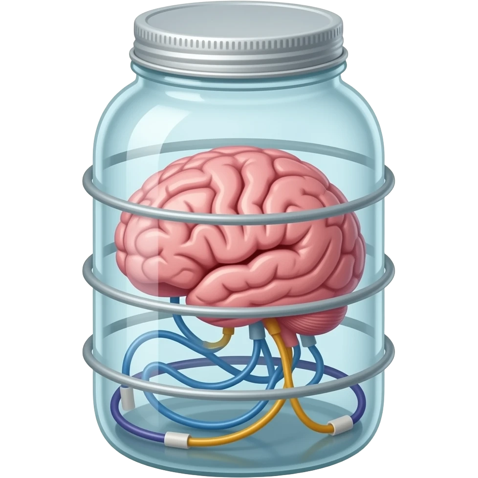 a brain placed in medical preparations that is connected to an electrical circuit, a glass jar wrapped in high-voltage wires emoji