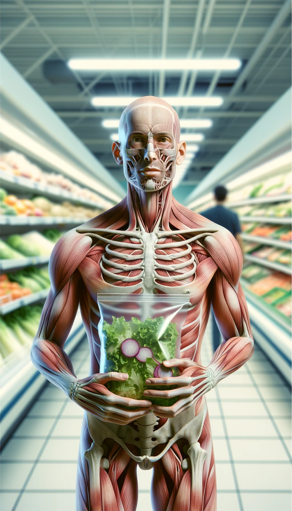 corpo umano anatomico con capelli corti in un supermercato che tiene in mano una busta di insalata di plastica preconfezionata, supermercato sfocato sullo sfondo emoji