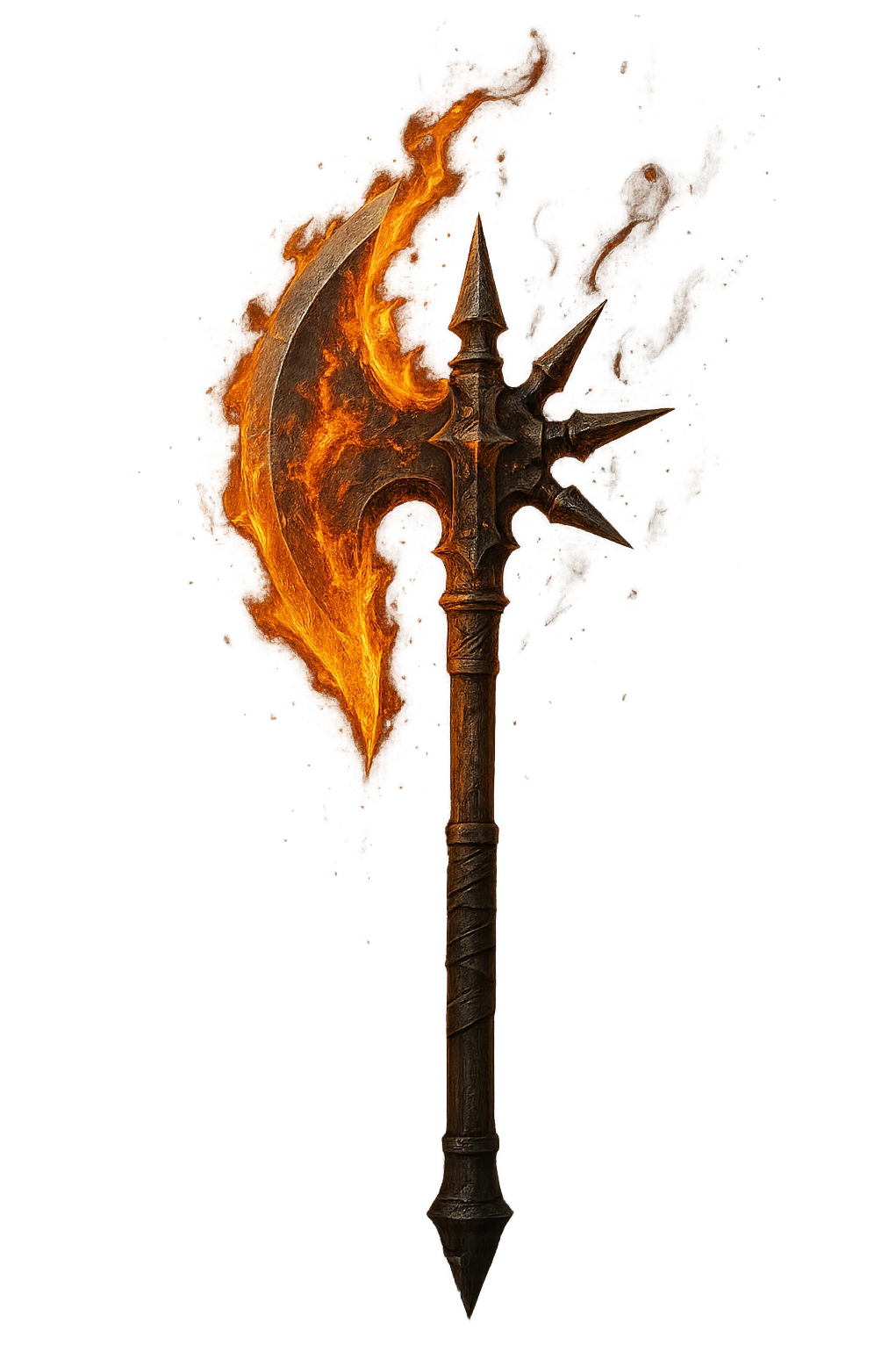 a flaming halbert with spikes on the back and an axe blade in front, detailed fantasy weapon, dramatic lighting, no background emoji