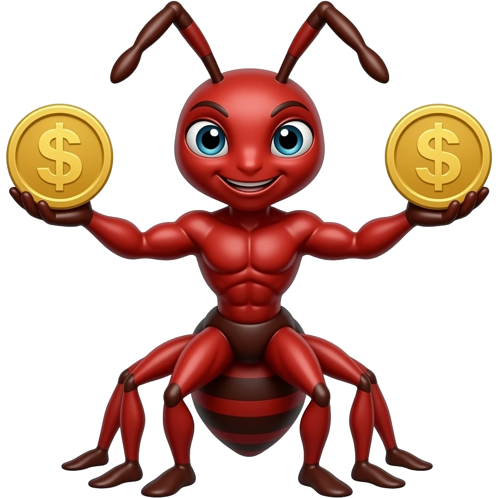 A red muscular ant holding gold coins under its arms, cartoon style emoji