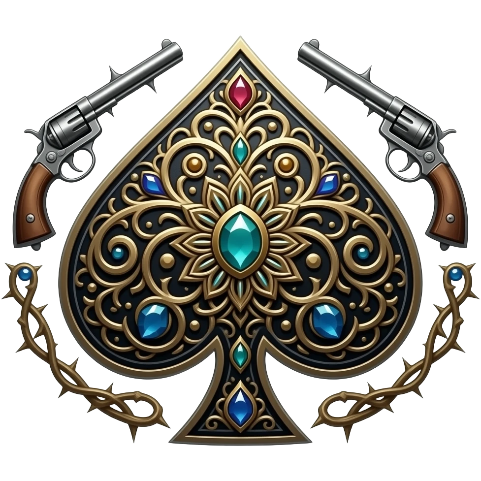 richly ornamented ace of spades surrounded by tendrils of thorns and antique guns emoji