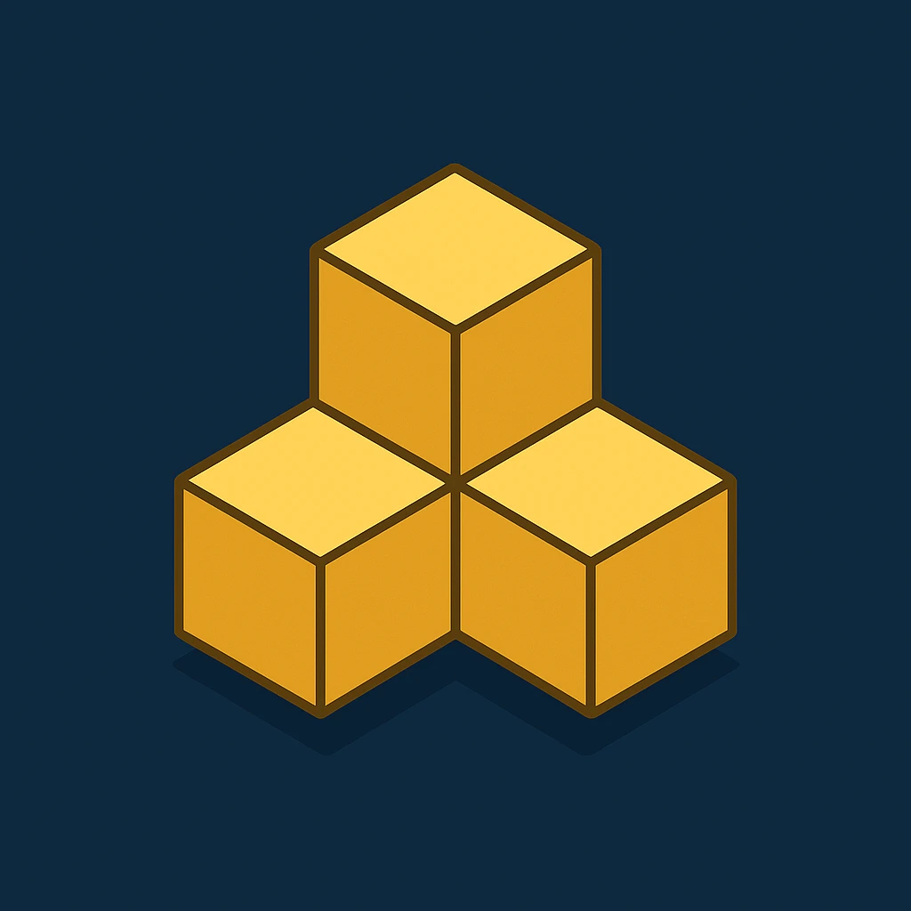 symbol of three golden (#FFD700) cubes connected, two above and one below centered, forming inverted triangle, isometric perspective, clean lines, golden metallic finish, geometric minimalist style, dark blue background emoji
