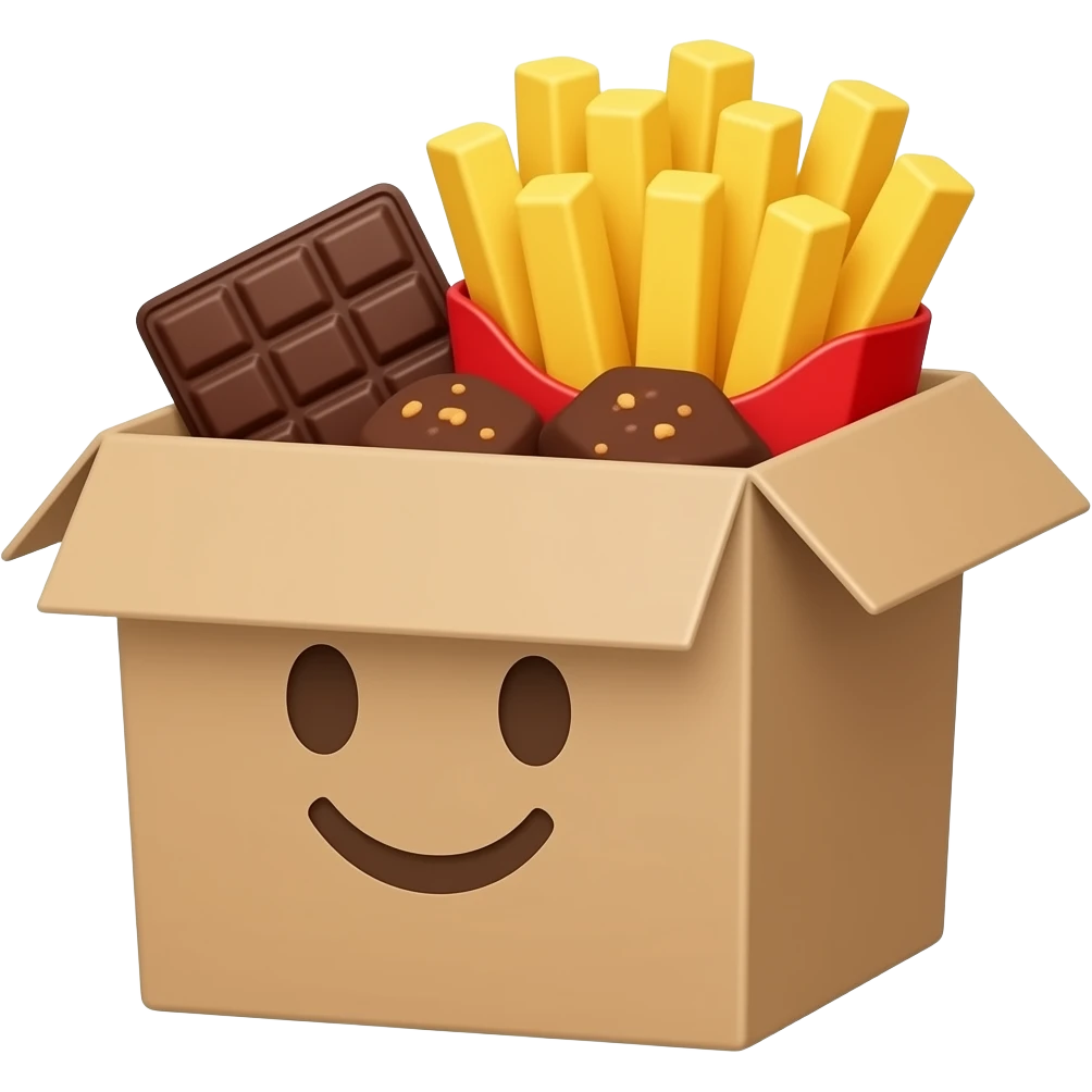 a paper box with smile on it and inside few chocolates and fries emoji