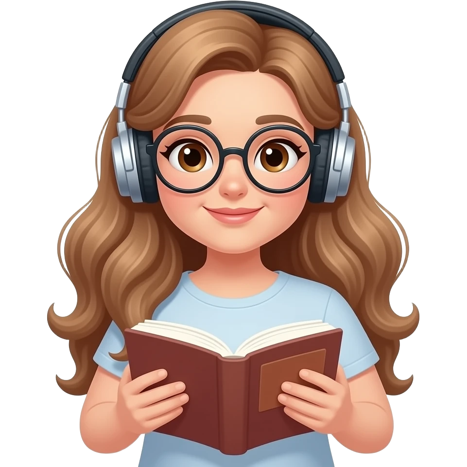 detailed emoji illustration of a curvy woman with long light brown wavy hair, light brown eyes and round glasses reading a book while wearing headphones, relaxed and focused vibe, cute emoji style emoji