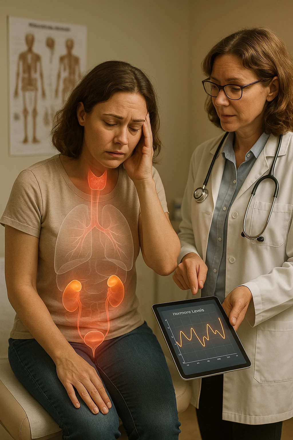 Realistic, vertical medical scene: a woman sits in a doctor’s office, looking fatigued and concerned. A semi-transparent overlay shows her internal organs, with the thyroid, ovaries, and adrenal glands glowing or pulsing in different colors to indicate hormonal imbalance. The doctor points to a digital tablet displaying fluctuating hormone levels. The mood is informative and empathetic. emoji