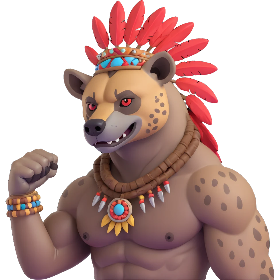 A native strong buff hyena with war bonnet flexing posing  emoji
