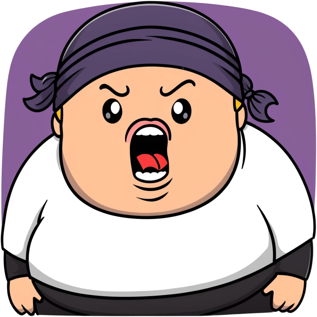 Super extreme tight close-up of just the face of morbidly obese white skin guy with young face, prominent BLACK DURAG tied clearly on head, black beard but no mustache, clean shaven upper lip, black eyes, mouth wide open screaming angrily emoji