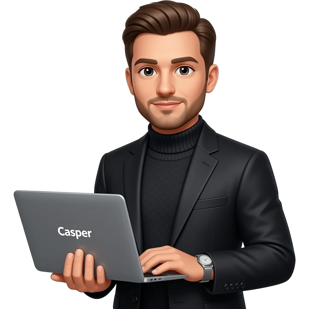 little grown beard freshly shaven, brown hair and eyes black suit jacket black fisherman neck pullover, laptop with casper text on pc , this memoji format stays. and add silver watch emoji