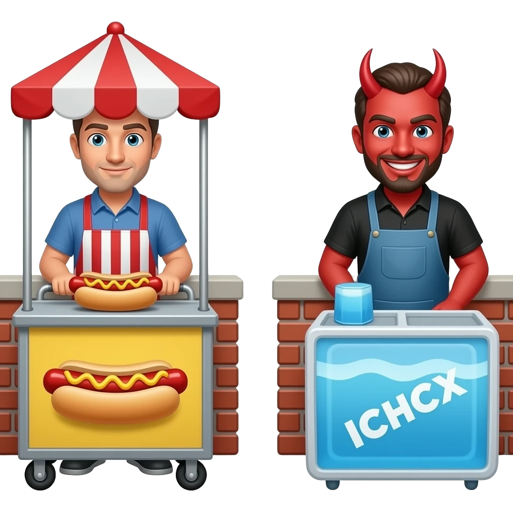 Two people standing on two different sides of a wall. One of the guys is a hot dog seller. The other guy is a ice agent smirking devilishly emoji