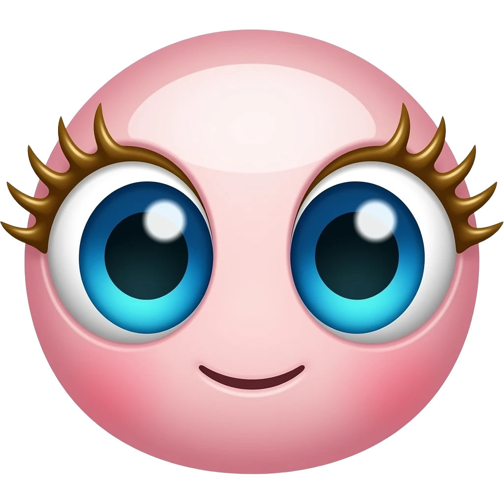 Large round glossy blue eyes only, long golden curled eyelashes, sparkling white highlights, pink eye stalks, cute emoji style, transparent background, front view, isolated emoji