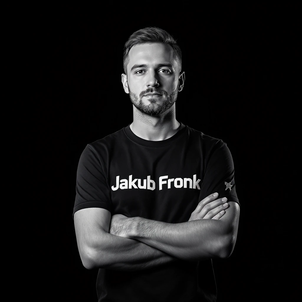 Csgo pro player profile proffesional photo, low key light back light, man standing crossed hands with tshirt with text "Jakub Fronk" black solid background emoji