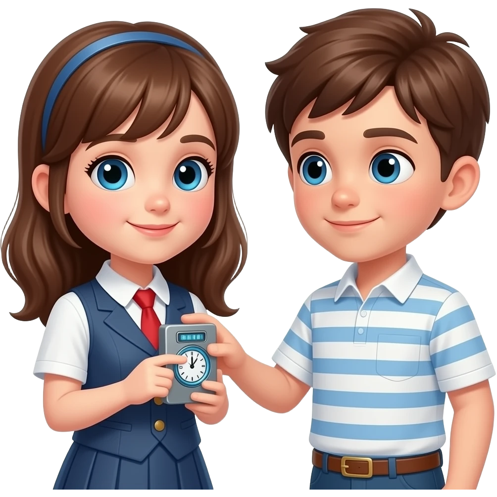 hacme una maquina del tiempo con un chico y una chica con ojos azules tocando la maquina del tiempo, la chica medio castanya con un peto de vestido i el chico castanyo con camiseta blanca y una raya azul emoji