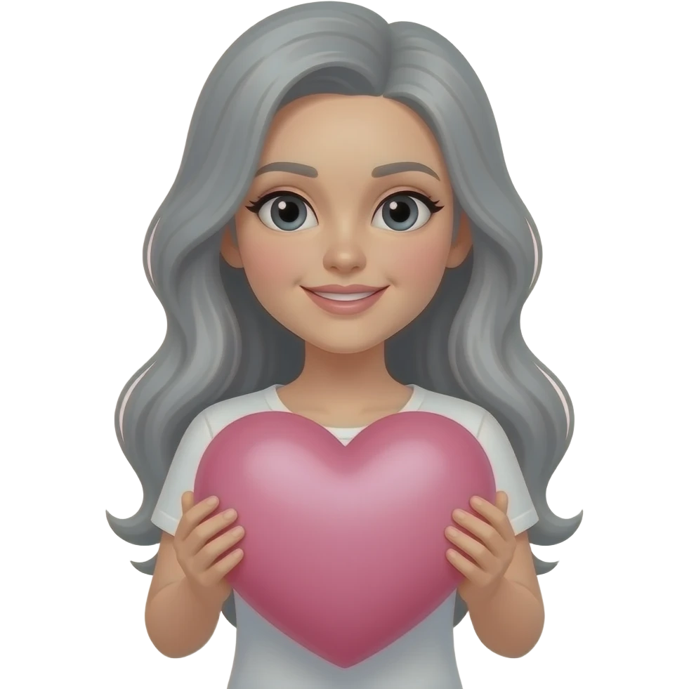 gray long hair on the side lady -with black eyes, -holding a huge light pink heart emoji
